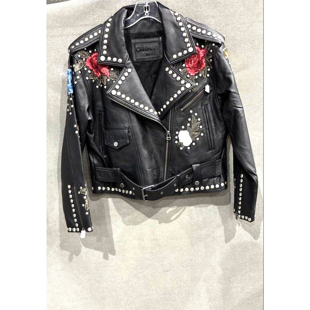 Carmar Women's Black Studded Leather Moto Jacket Floral Rose Embroidery NWT 34